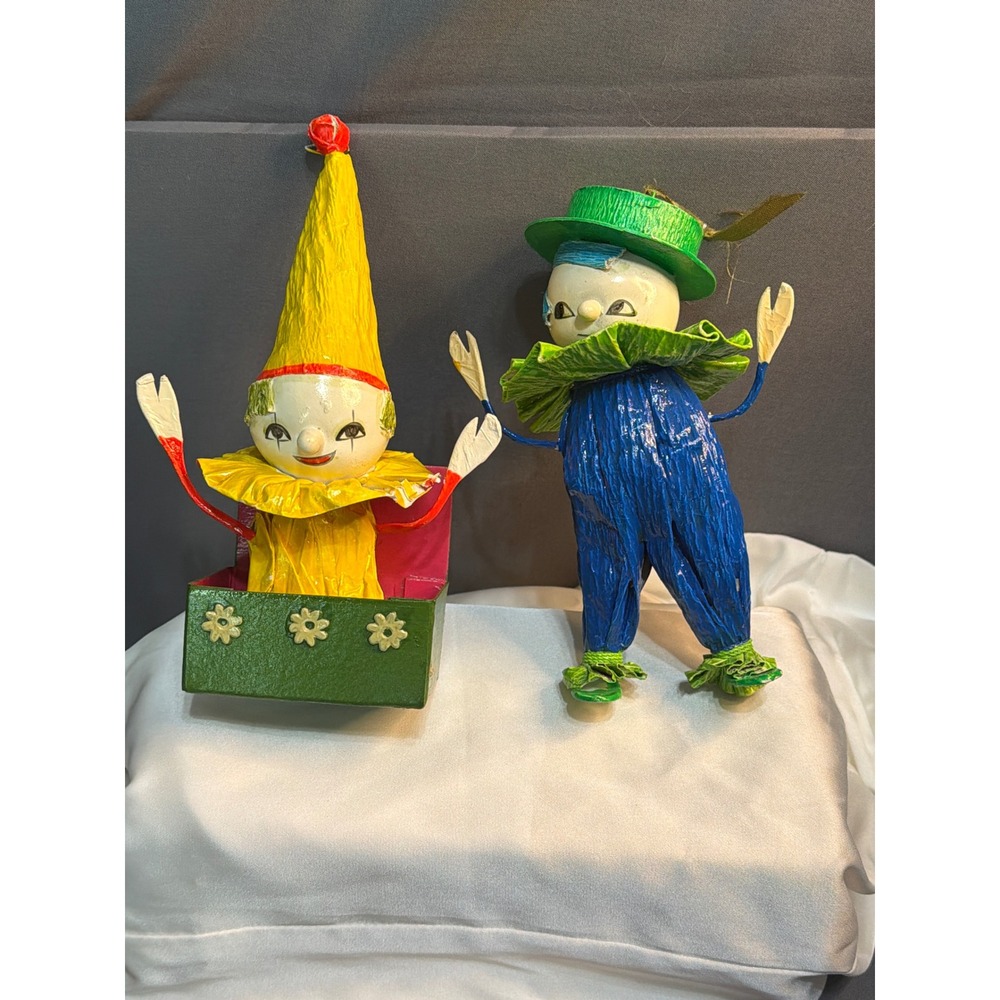 Vintage Fitz and Floyd Japan Papier Mache Clown Ornaments Set of 2 Mid Century